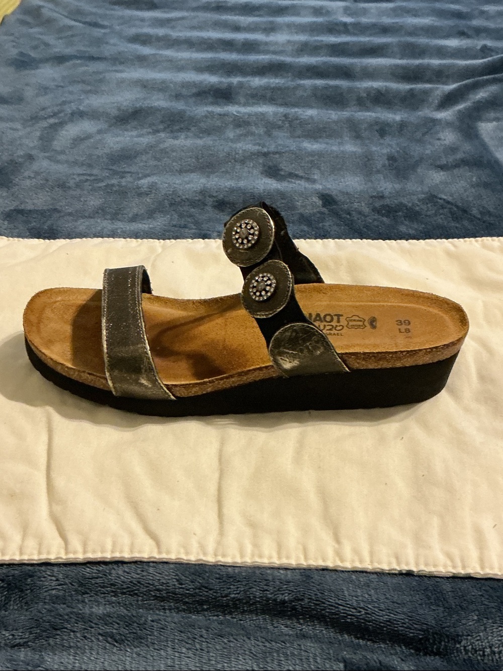 Naot Women's Silver Two‑Strap Slide Sandals with Decorative Buttons